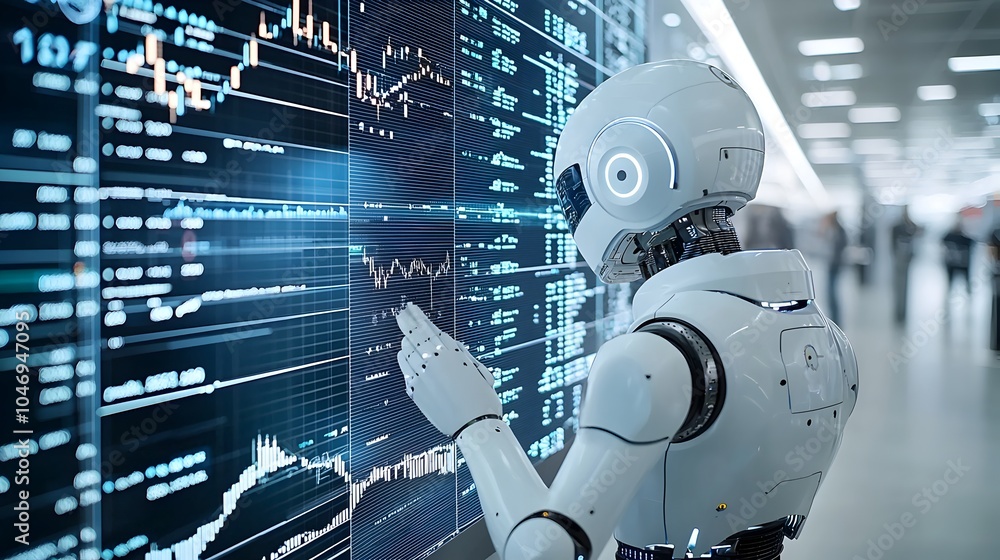 Aufkleber An AI powered robot navigating through a dynamic blue toned environment filled with overlapping forex charts financial graphs and data visualizations