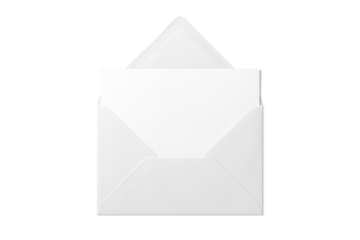 Opened envelope mockup with blank paper isolated on a transparent background, PNG. High resolution. 