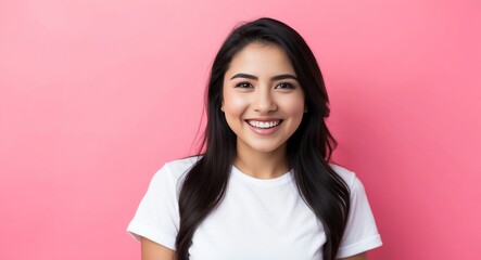 Fototapeta premium hispanic latino young woman pink background wearing plain white tshirt smiling happy portrait