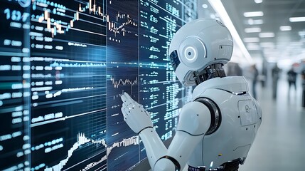 An AI powered robot navigating through a dynamic blue toned environment filled with overlapping forex charts financial graphs and data visualizations