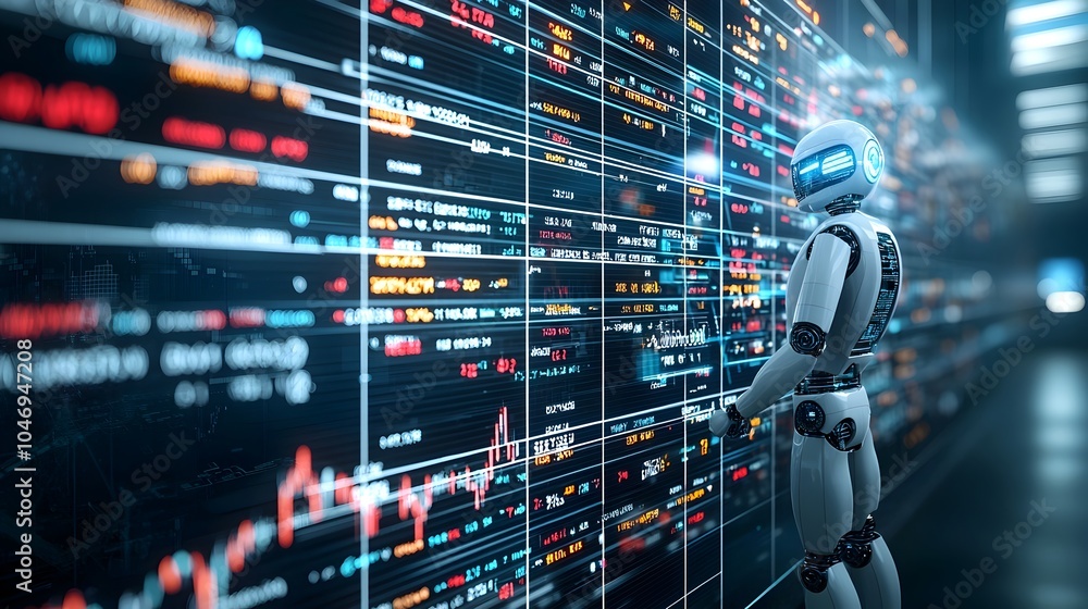 Leinwandbilder cutting edge robot figure merged with dynamic financial market charts and forex data showcasing the 