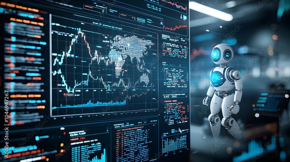Leinwandbilder robot figure blended with financial market data visualizations conveying high tech trading concepts 