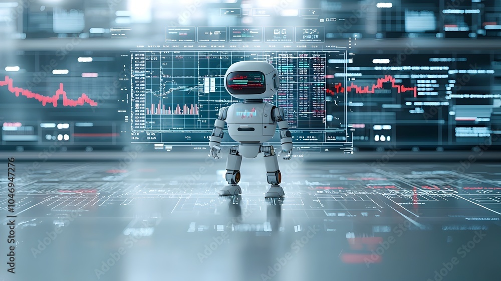Poster Composite image of an robot figure combined with overlapping financial market charts forex data and analytical visualizations set against a futuristic blue backdrop