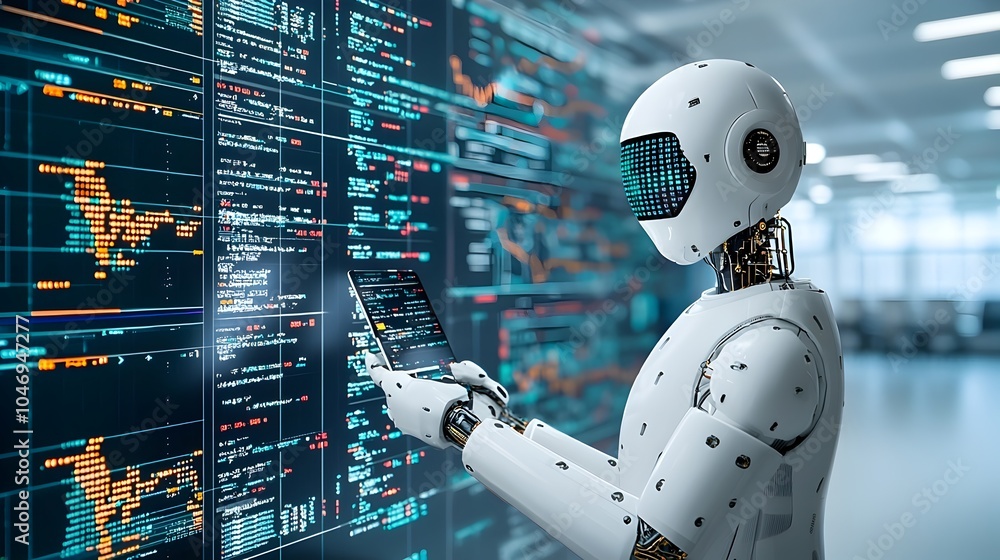 Fototapete Robotic silhouette in a double exposure with forex charts and financial data visualizations representing the power of intelligence and machine learning for automated trading and market analysis