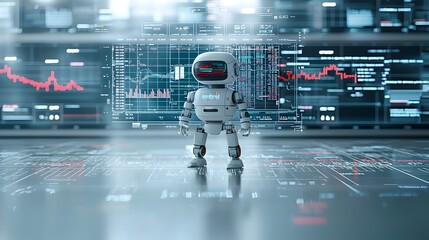 Composite image of an robot figure combined with overlapping financial market charts forex data and analytical visualizations set against a futuristic blue backdrop