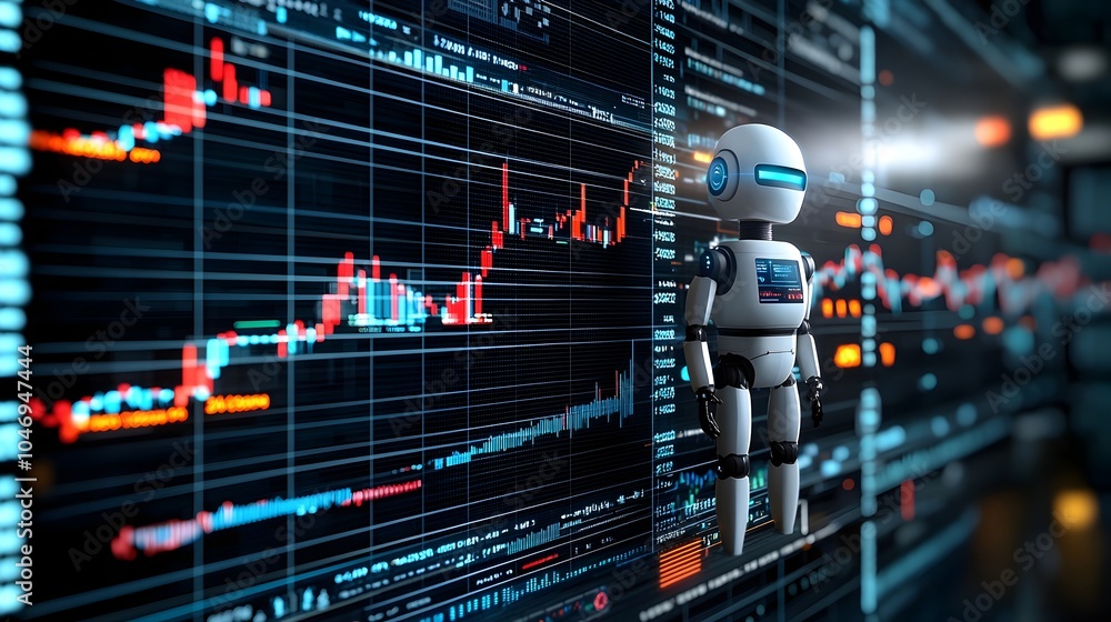 Fototapete Futuristic robot silhouette with double exposure of forex charts financial graphs and data visualizations in deep blue tones highlighting the automated trading and investment concept