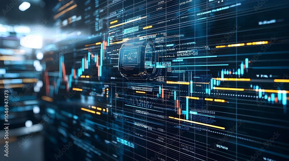 Fototapete Futuristic robot silhouette with double exposure of forex charts and financial graphs  Deep blue tones highlight the concept of automated trading and financial data analysis powered by intelligence