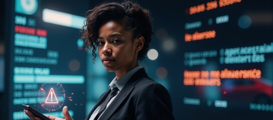 African-American woman tackles cybersecurity challenges within an immersive AR environment overflowing with generated alerts and potential data breaches