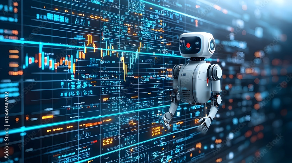 Poster futuristic ai powered robot silhouette with a double exposure of forex charts and financial graphs