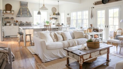 A cozy and rustic farmhouse kitchen-inspired lounge design boasting a white canvas backdrop, Accentuated with farmhouse-style furnishings and vintage accents, Farmhouse kitchen chic style