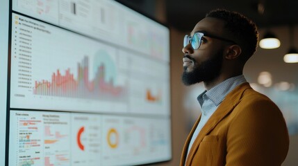 A business professional standing confidently in front of a massive virtual display of real-time digital marketing metrics showing click-through rates, keyword insights, and social media engagement in