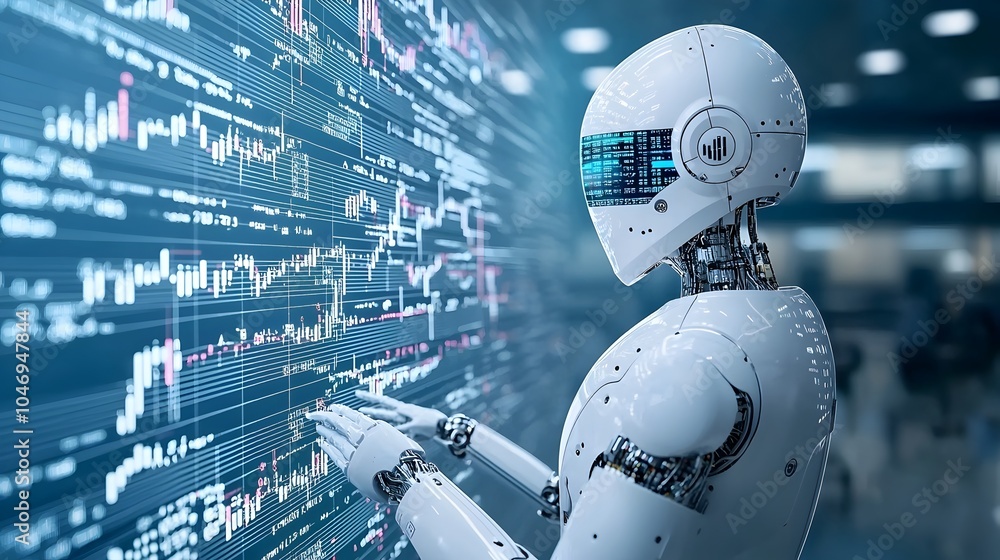 Aufkleber futuristic robot silhouette in a blue digital landscape with double exposure of forex trading data a