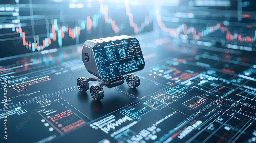 Fototapete silhouetted figure of an robot overlapped with dynamic forex trading charts financial graphs and dat