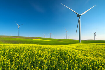Wind turbines generating renewable energy in a vast agricultural field under a clear blue sky