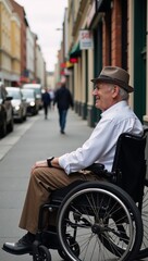 Obraz premium Elderly man seated in wheelchair along sidewalk