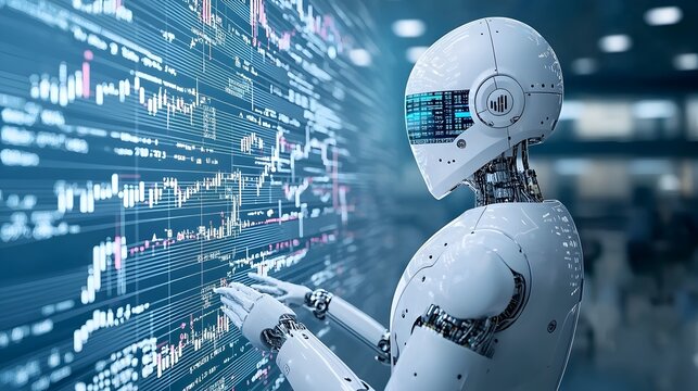 Futuristic robot silhouette in a blue digital landscape with double exposure of forex trading data and financial graphs
