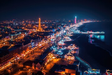 Obraz premium A captivating aerial view of Blackpool town lit up at night, highlighting the festive atmosphere with bright lights illuminating the beach and nearby attractions.