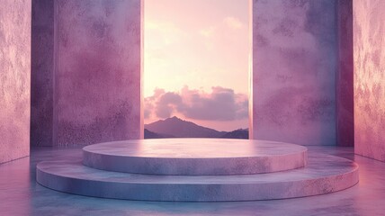 Fototapeta premium Two-Tiered Concrete Podium with Mountain View and Sunset Sky