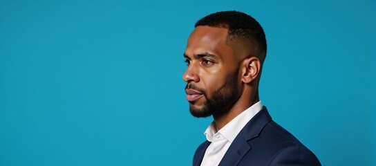 Human side view profile portrait of serious African American man against blue studio background