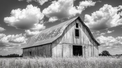 Obraz premium Black and White Barn. Peaceful Farm Landscape with Barn Under Cloudy Sky