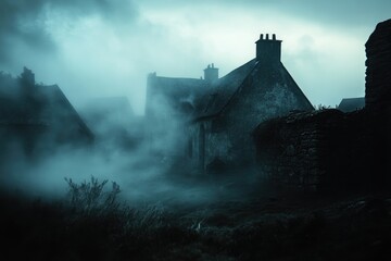 Naklejka premium A Foggy Village with Stone Buildings and Chimneys