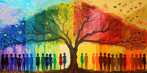 Colorful Ancestry: A modern art installation, using bright acrylic paint on canvas, depicting a tree with each branch representing a different ethnicity and their cultural heritage.
