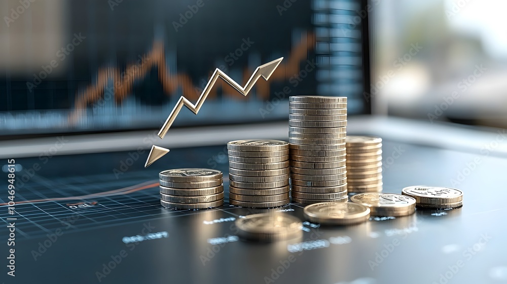 Poster 3D digital rendering depicting a stack of coins placed alongside a rising vertical arrow with market graphs and charts displayed in the background over a blue gradient backdrop