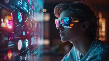 A young marketer in a sleek office adjusting digital ad targeting on a large holographic interface filled with colorful charts showing social media engagement, click-through rates, and audience