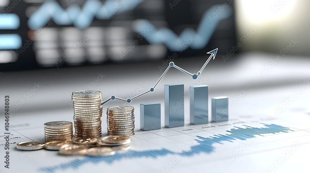 Poster Digital rendering of an upward vertical arrow slicing through stacks of coins and a blue market graph representing financial growth profitability and market success