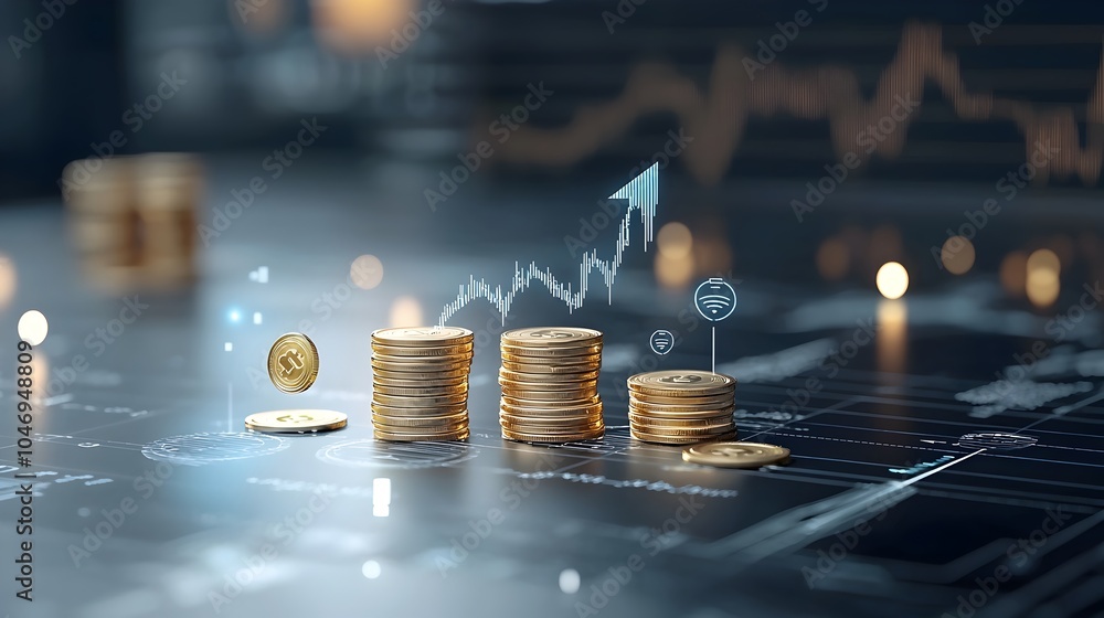 Poster futuristic digital investment concept with an arrow pointing upwards surrounded by golden coins and 