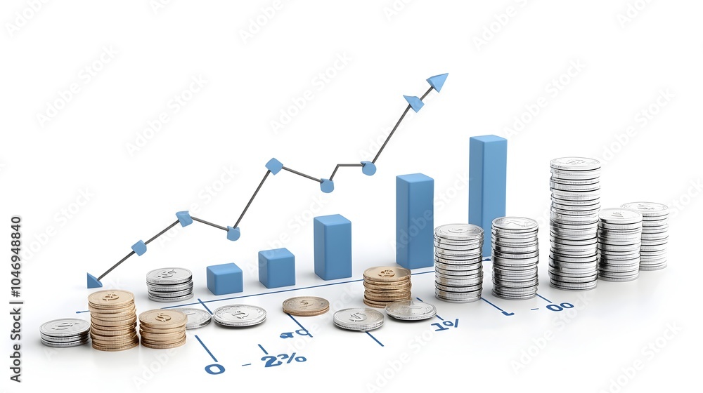 Aufkleber Digital rendering of an upward vertical arrow slicing through stacks of coins and a blue market graph symbolizing financial success growth and prosperity