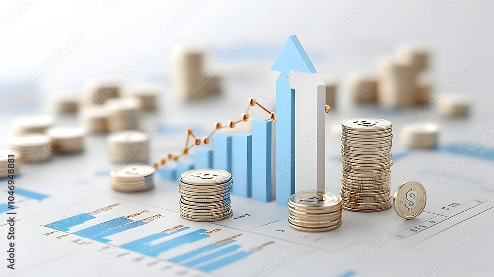 Leinwandbilder Digital rendering of an upward vertical arrow slicing through stacks of coins and a blue market graph symbolizing financial success growth and wealth