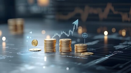 Futuristic digital investment concept with an arrow pointing upwards surrounded by golden coins and a chart overlay on a blue abstract background symbolizing financial growth success