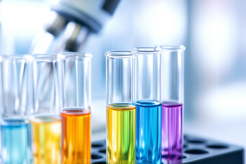 Colorful liquids in test tubes shimmer in a lab, reflecting light against a soft bokeh backdrop