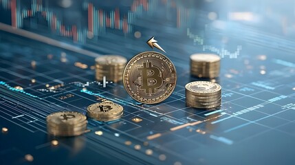 Futuristic digital arrow pointing upwards over a golden coins and chart overlay on a blue abstract background symbolizing investment finance and economic growth