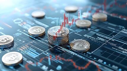 Innovative 3D digital representation of the financial market landscape featuring an ascending vertical arrow surrounded by dynamic charts graphs and currency elements to symbolize growth progress