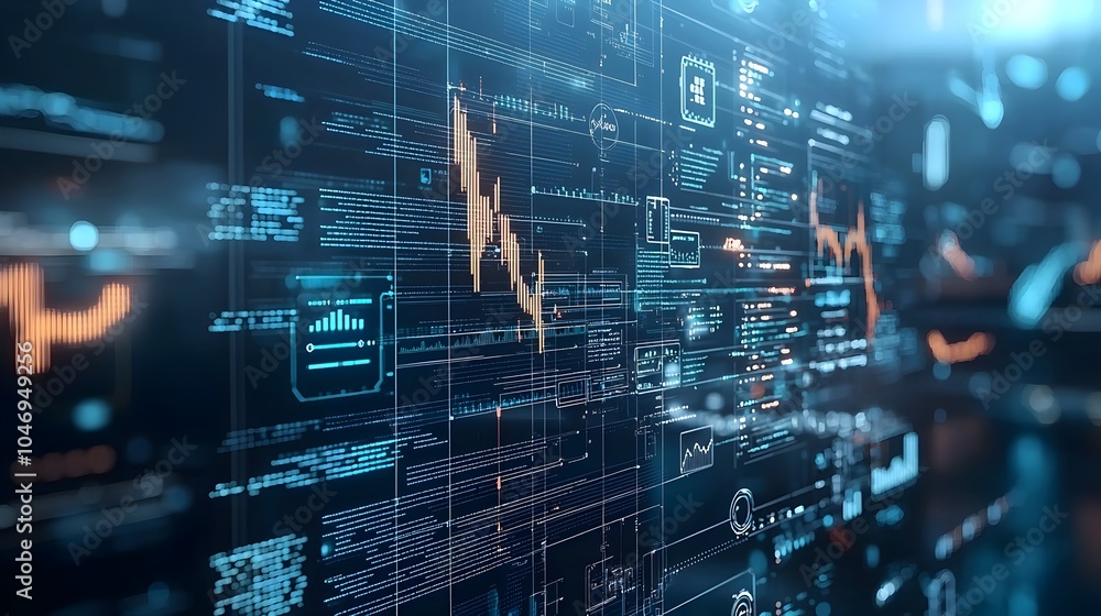 Poster futuristic financial market scene featuring 3d arrows coins and a glowing digital financial graph ov