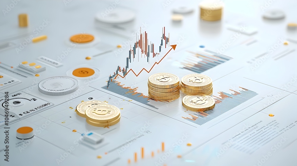 Poster Dynamic 3D image of gold coins and an upward arrow symbolizing financial growth and prosperity with a detailed market graph overlaying a blue backdrop