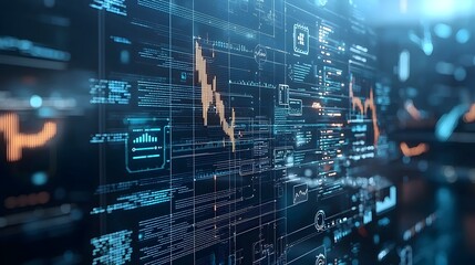 Futuristic financial market scene featuring 3D arrows coins and a glowing digital financial graph over a sleek blue background symbolizing investment growth and data driven market analysis