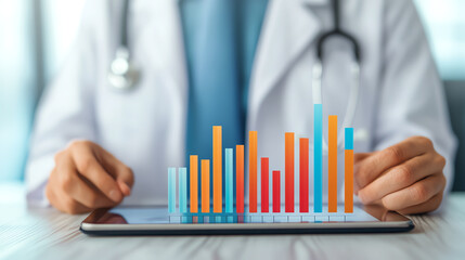 A medical professional analyzing data on a tablet, showcasing vibrant graphs and charts that represent healthcare statistics and trends.