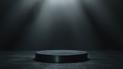 Black Circular Platform Illuminated by Spotlights on Dark Textured Background