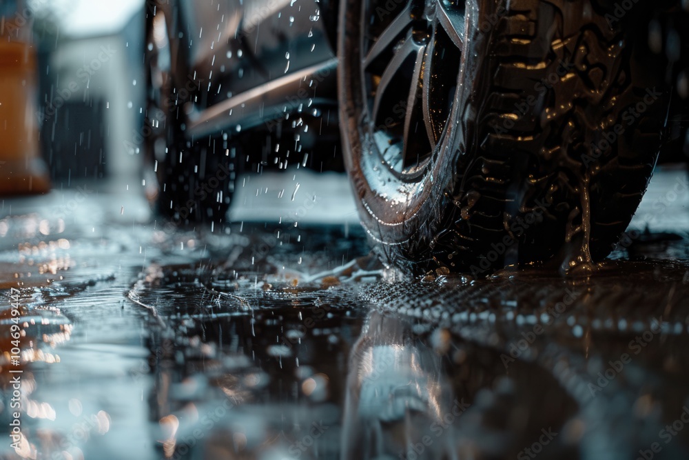 Poster a person is in the process of changing tires on a car while it rains, working on a slick, wet surfac