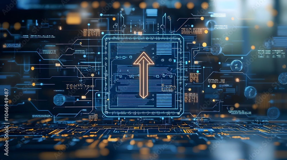 Poster High Tech Investment Concept with a Vertical Arrow Rising Through a Chart of Coins Representing Robust Market Growth Over a Sleek Digital Blue Background
