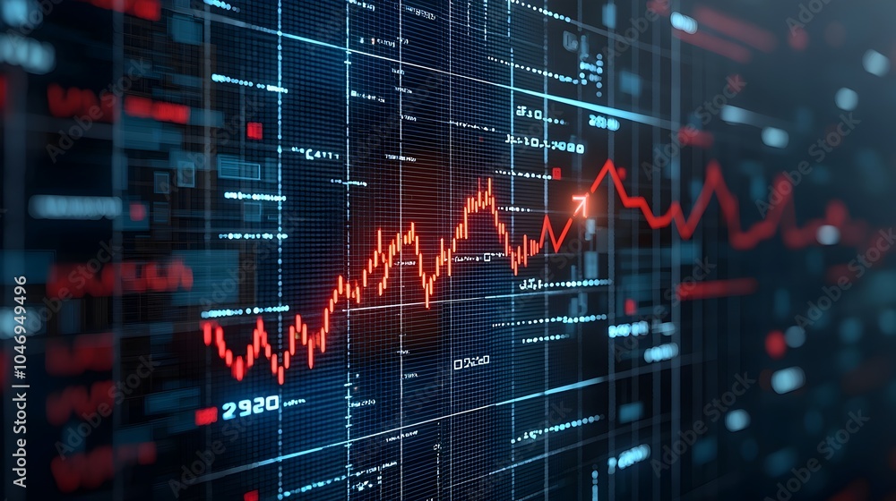 Poster High tech investment concept depicting a vertical arrow rising through a chart of coins symbolizing market growth and financial prosperity over a digital blue background