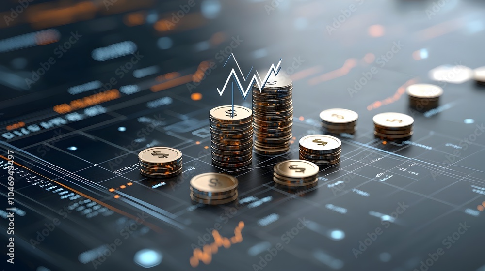 Poster High Tech Investment Growth Visualizing Financial Success Through Digital Market Dynamics  A vertical arrow rising through a chart of coins represents the growth and potential of the market