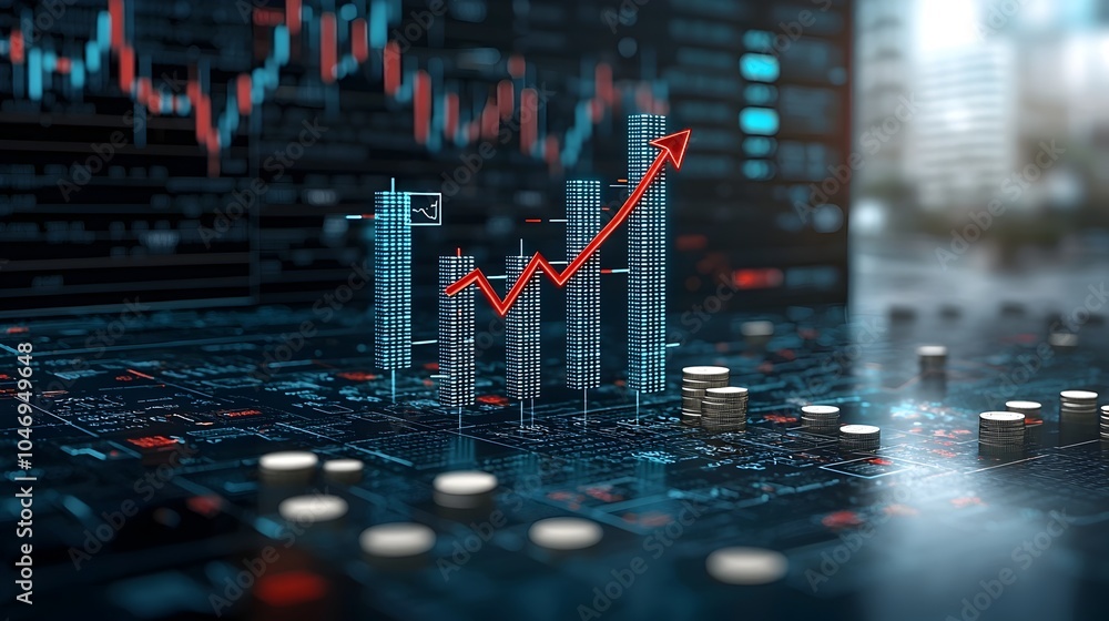 Aufkleber Digital arrow ascending vertically through rows of coins set against a blue abstract background symbolizing growth advancement and success in the market and financial investments