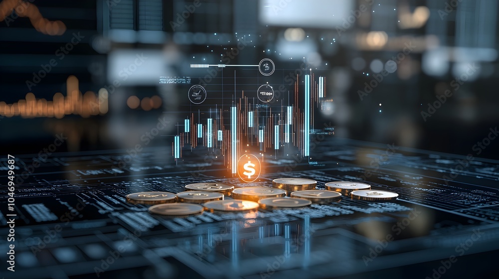 Poster vertical digital arrow ascending through rows of coins symbolizing growth and success in the market 