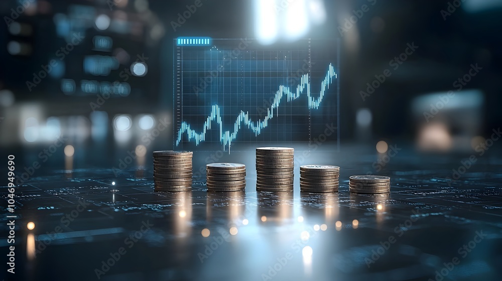 Aufkleber vertical digital arrow ascending through rows of coins on blue abstract background symbolizing succe