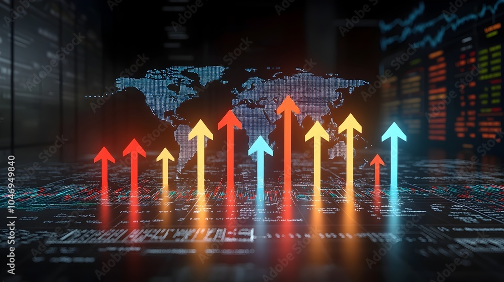 Leinwandbilder Glowing arrows moving across a world map with a business chart overlay symbolizing the dynamic nature of global financial markets and data driven decision making
