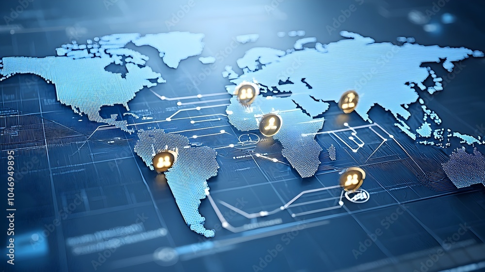 Poster Glowing arrows moving across a world map and business chart overlay symbolizing the global financial markets and their complex data driven nature
